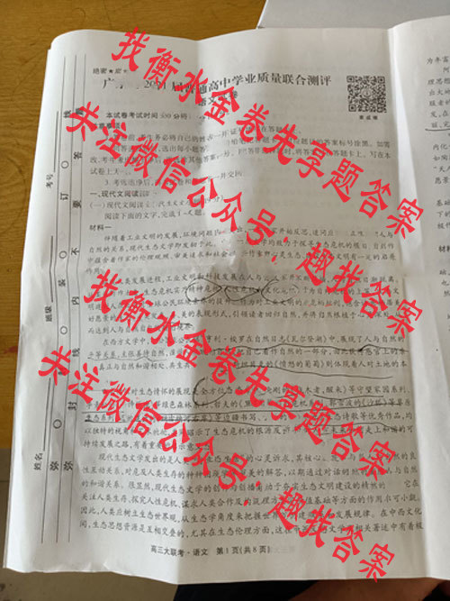 衡水高三大联考·广东省2021届普通高中学业质量联合测评 语文试卷