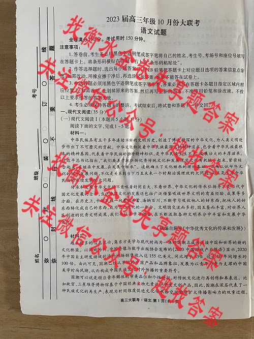 衡水金卷2023届高三年级10月份大联考(新高考)语文试题答案